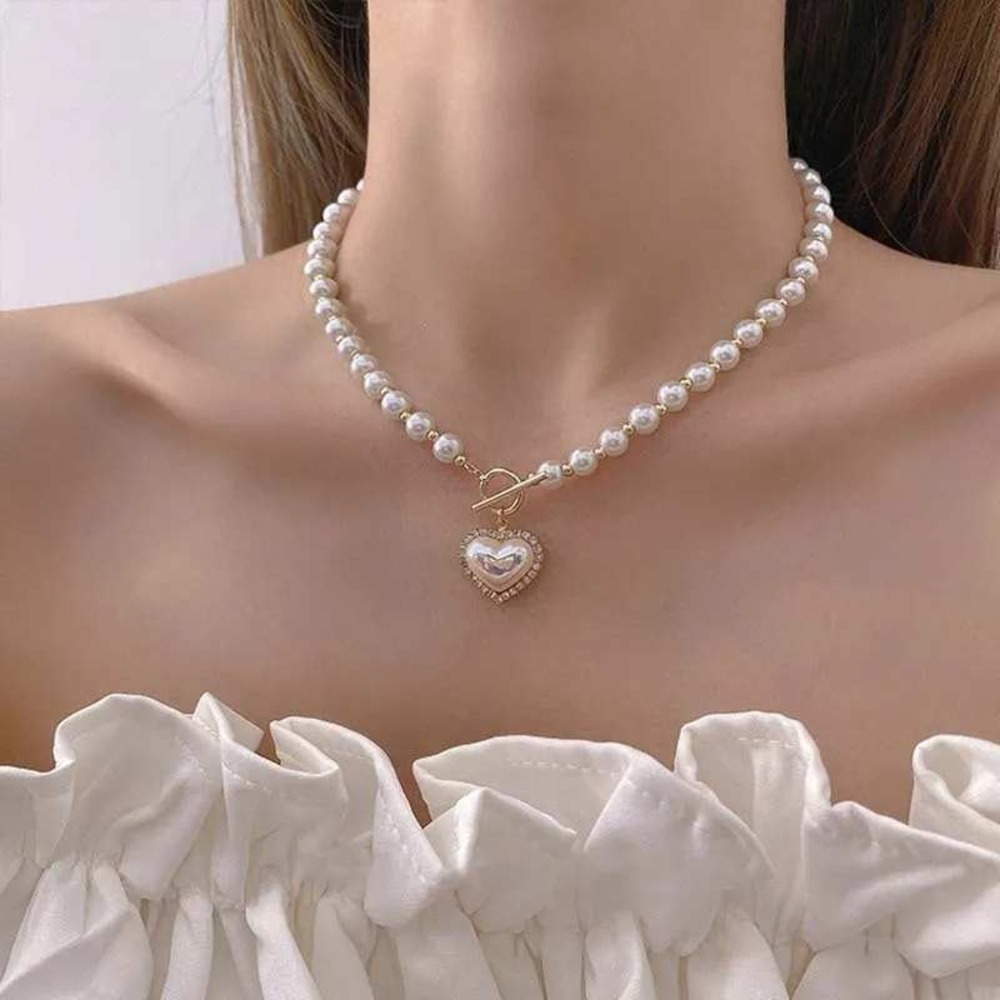 2/$20 Faux Pearl Necklace White Gold Heart Pendant Toggle Choker Coquette Bride